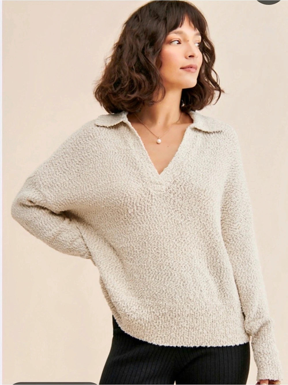 Pistola Zoe Relaxed Polo Sweater Cream V-Neck Sweater Size Small Like New